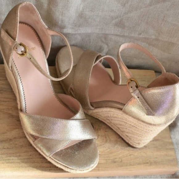 J. Crew Metallic Champagne Lt. Gold Leather Platform Espadrille Size 7.5 - Picture 7 of 11
